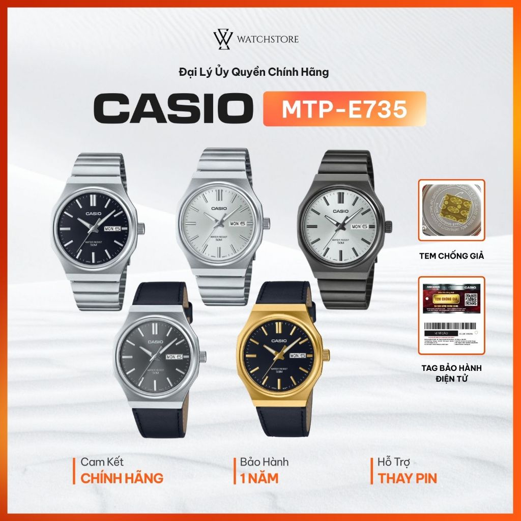 Đồng Hồ Nam Casio Series MTP-E735 Mặt Kính Khoáng 37.5mm Dây Da, Kim Loại Không Gỉ Chính Hãng