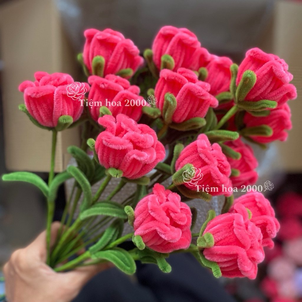 Hoa Hồng kẽm Nhung handmade màu hồng neon decor xinh xắn