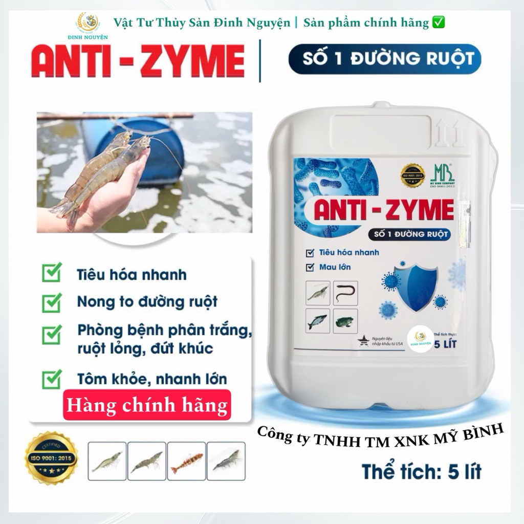 ANTI-ZYME Số 1 đường ruột cho tôm nuôi- Anti Zyme giúp nong to đường ruột, tiêu hoá nhanh - Can 5 lí