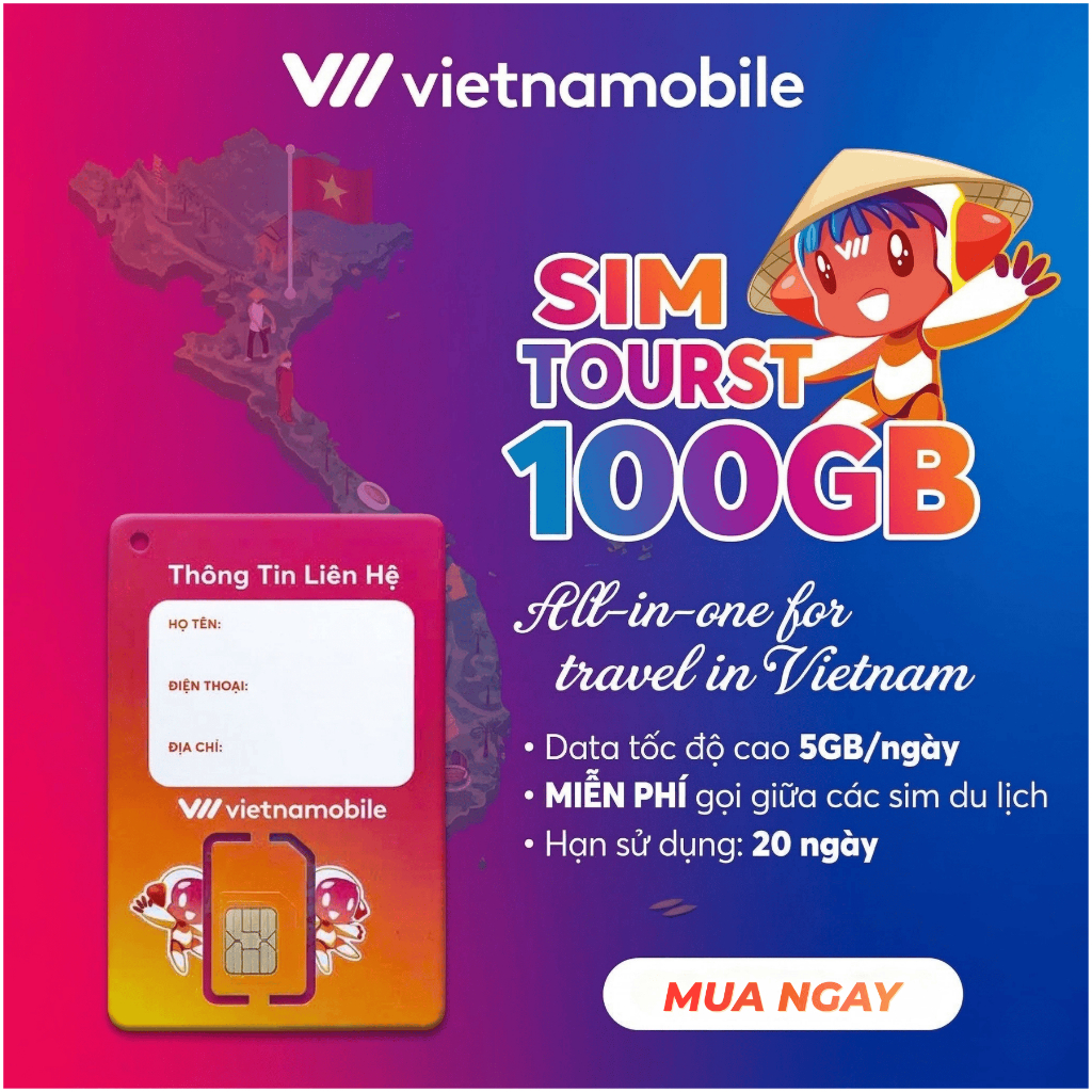 SIM Du Lịch 4G Vietnamobile 100GB (5GB/Ngày) – SIM Tourist 20 Ngày, Data Tốc Độ Cao, Gọi Nội Mạng