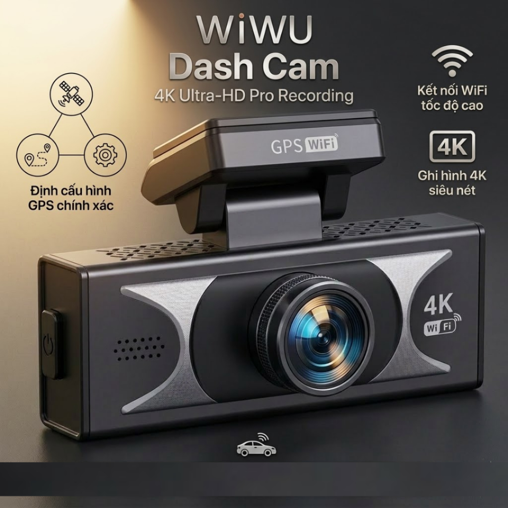 Camera Hành Trình WiWU WI-DC201 4K Ultra HD Tích Hợp GPS WiFi, Cảnh Báo ADAS, Màn Hình IPS 3.2 Inch