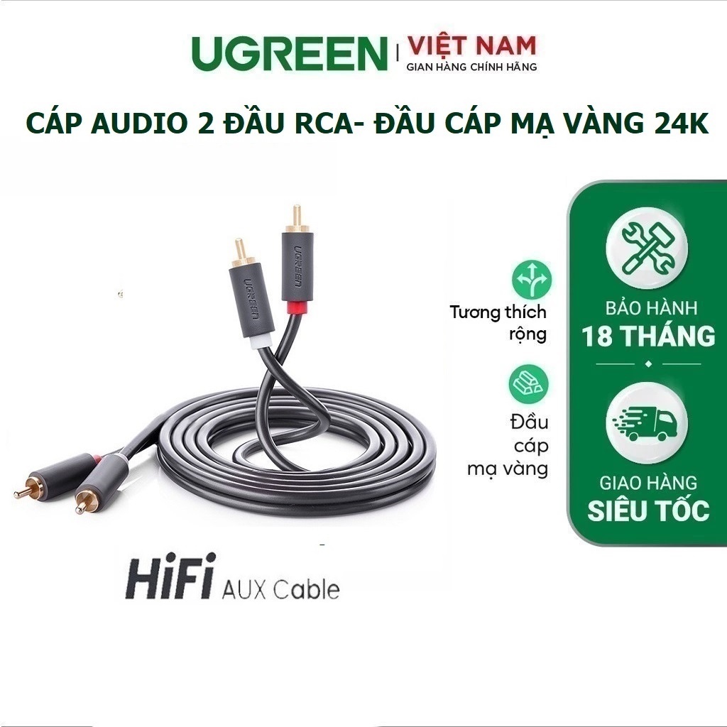 Cáp Âm Thanh AV 2 đầu RCA Hoa Sen - đầu cáp Mạ Vàng 24K chính hãng Ugreen AV104 (Chuẩn 2 đầu 2RCA đự