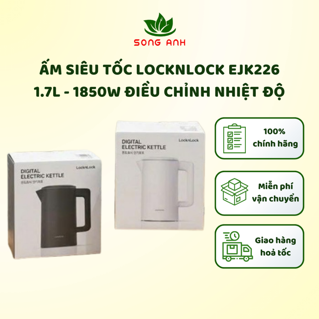 Ấm siêu tốc LocknLock Digital Electric Kettle EJK226 - 1.7L, 1850W, 5 chế độ nhiệt cài đặt sẵn