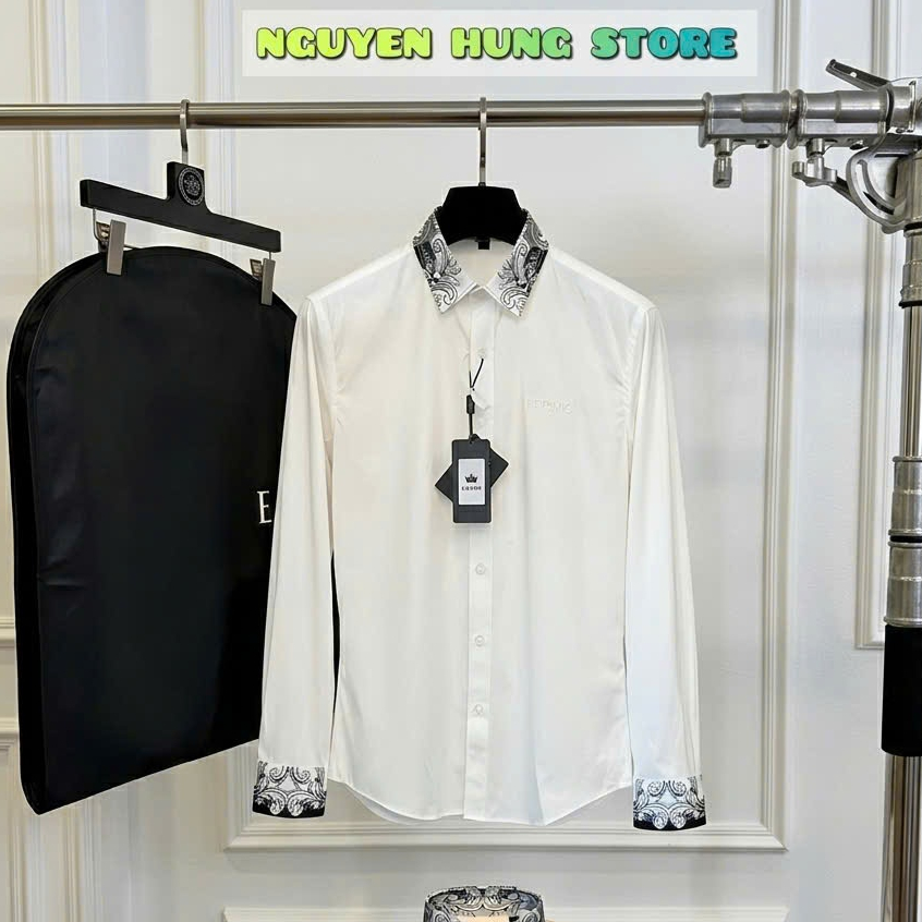 Áo sơ mi trắng nam VerSa Mẫu Top Trend đi học vải lụa trơn phối cổ tag logo, Sơ Mi Trắng Nam Nét KEng  chữ basic boy phố