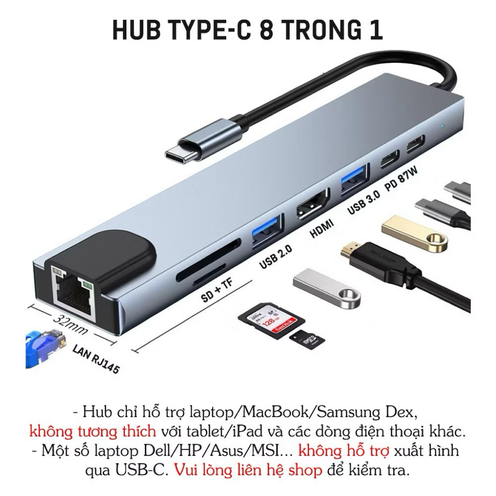 HUB Type C và HUB USB ra HDMI/USB/SD/TF/PD/RJ45 - HUB chia cổng chuyển đổi 3/7/8 in 1 cho Macbook/La