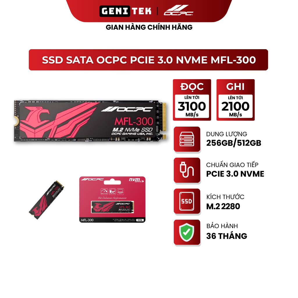 Ổ cứng SSD OCPC MFL-300 NVME Chuẩn PCIe 3.0 NVME M.2 R3100 W2100 - BH Chính hãng 3 Năm