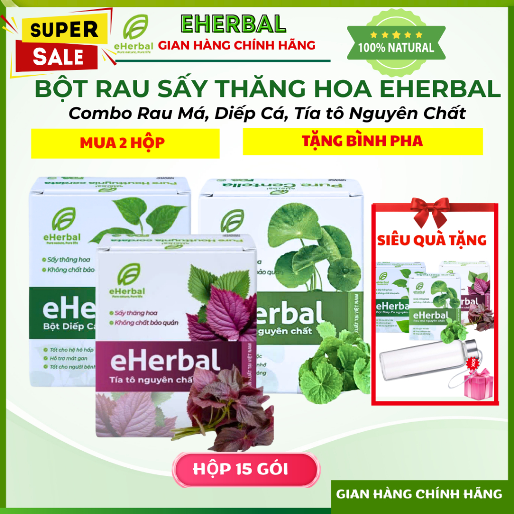 [SALE 50% + TẶNG BÌNH] Combo Detox Rau Má, Diếp Cá, Tía Tô NGUYÊN CHẤT Sấy Thăng Hoa eHerbal