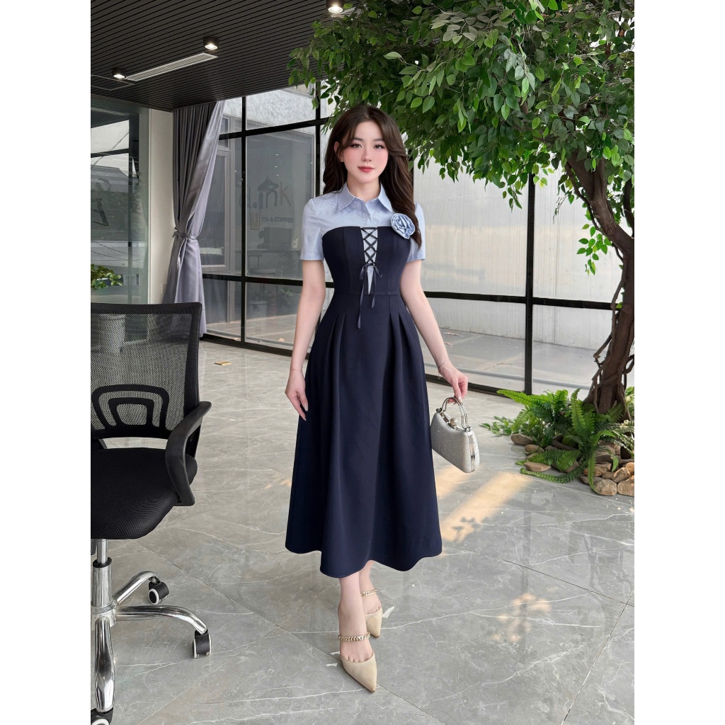 VK266 - Váy Thiết Kế Evii dành cho nữ, Đầm thiết kế cổ đức phối kẻ (tặng kèm hoa cài) dáng A xòe dài