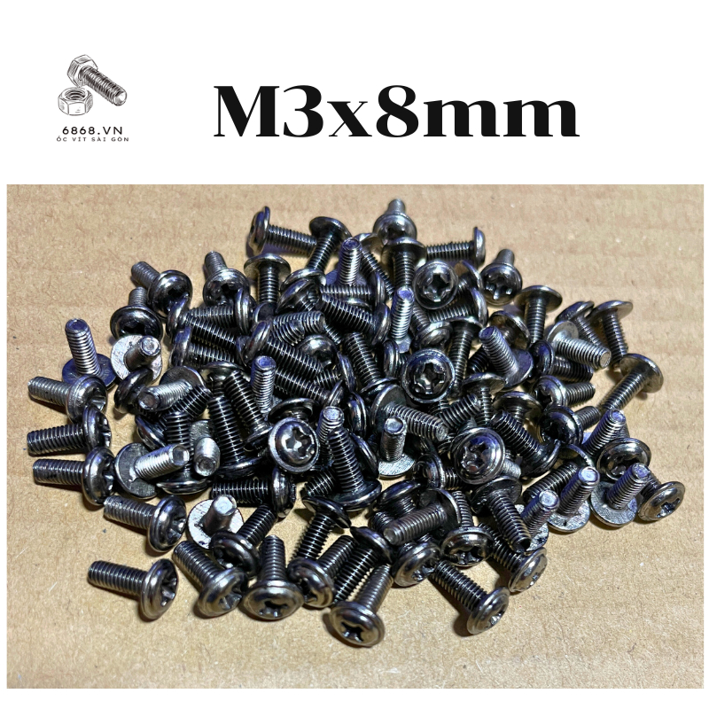 Ốc Vít M3x8mm Đầu Long Đền Ren Mịn Màu Đen - Túi 100 Con (~59g), Bắt Thiết Bị, Khung Kim Loại