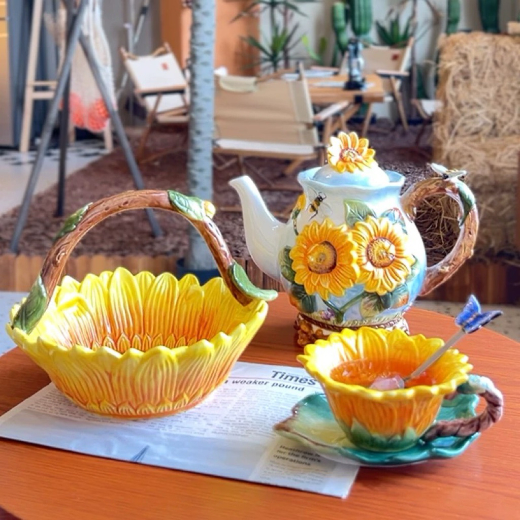 Bộ ấm chén, giỏ đựng hạt khô, đồ ăn vặt hoa hướng dương gốm sứ vintage, đồ uống trà chiều cao cấp