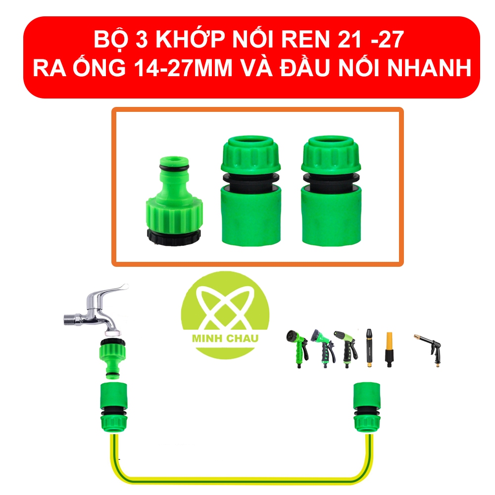Bộ 3 khớp nối ren 21-27 và đầu nối nhanh ống mềm 14-27mm vào vòi