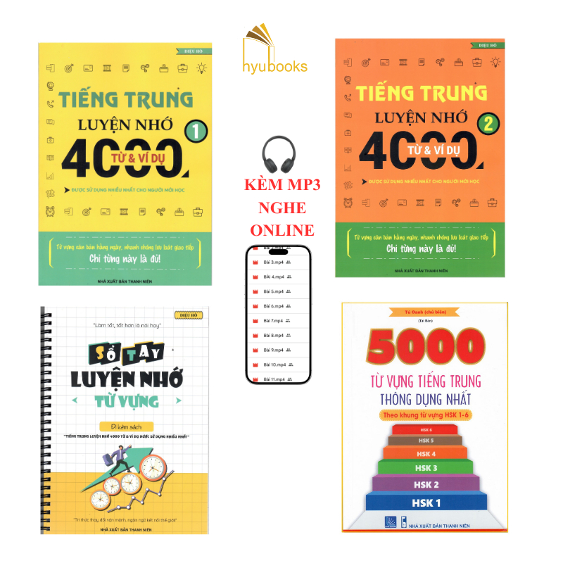 Sách - Combo:Tiếng Trung luyện nhớ 4000 từ và ví dụ tập 1+ tập 2+ sổ tay luyện nhớ từ vựng+5000 từ v
