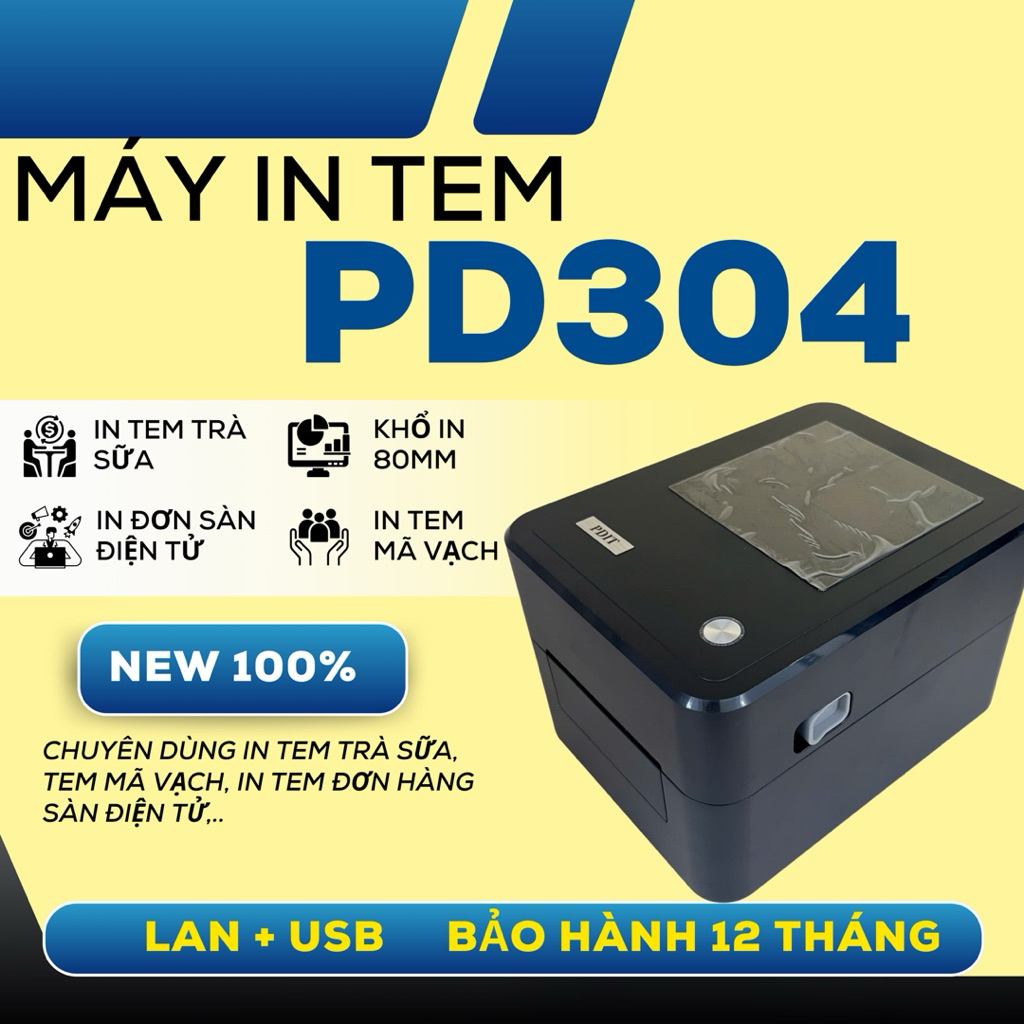 Máy in tem nhãn, mã vạch, decal nhiệt PD304 khổ 80mm hàng chính hãng