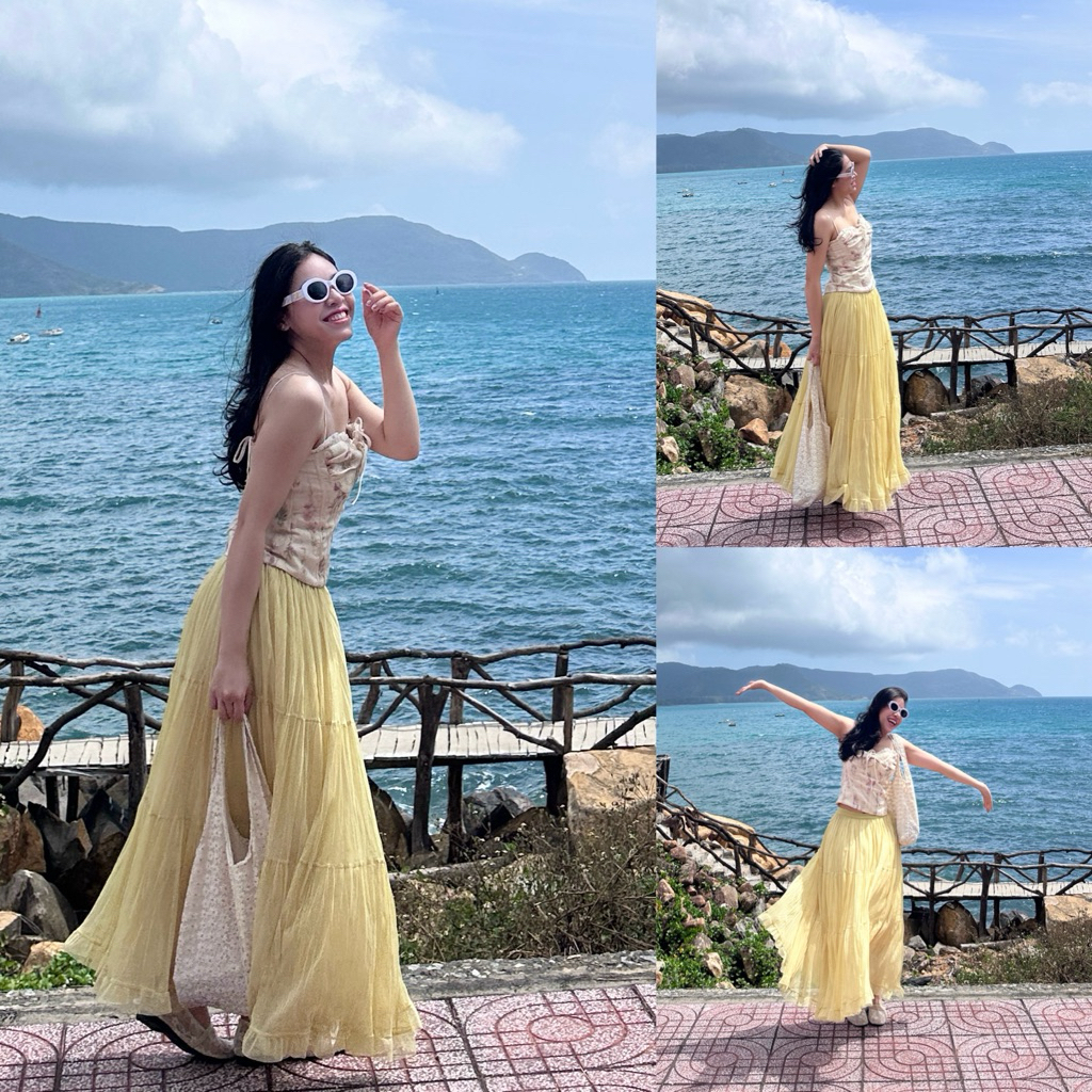 [SẴN ĐỦ MÀU] Chân váy dài  90cm dáng xoè chất VOAN NHĂN 3 tầng cạp chun co giãn “TIARA” | BigBuy360 - bigbuy360.vn