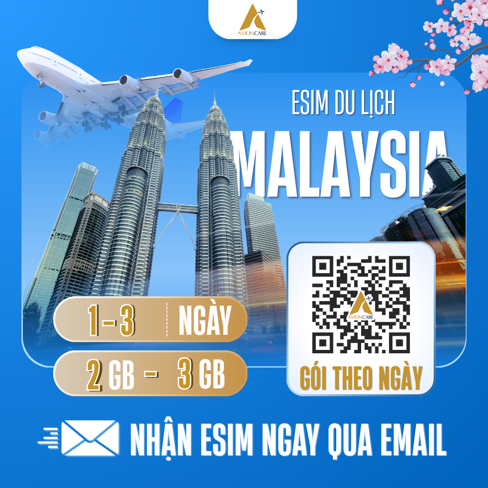 [ESIM] eSim Malaysia 4G  | Data 2GB - 3GB| Gói Theo Ngày (1–3 Ngày) | AvionCare gửi eSIM qua email