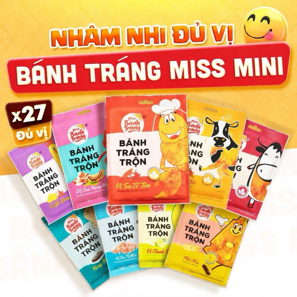 27 Bịch Mini | Bánh Tráng Miss Mini Tiệm nhà Pula 9 Vị | Combo Bánh Tráng Trộn Gói 20-23 Gram Đủ Vị | Ngon Dễ Nghiện