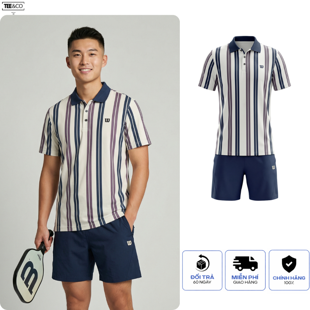 Set Quần Áo Pickleball Wilson Nam Cao Cấp – Áo Polo Kẻ Sọc + Quần Short Thể Thao 6 Inch 2026