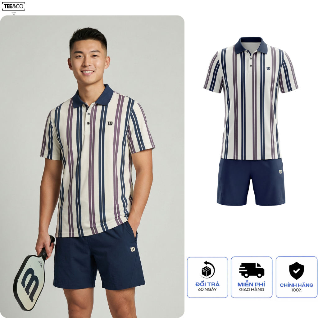 Set Quần Áo Pickleball Wilson Nam Cao Cấp – Áo Polo Kẻ Sọc + Quần Short Thể Thao 6 Inch 2026 Mới Nhấ