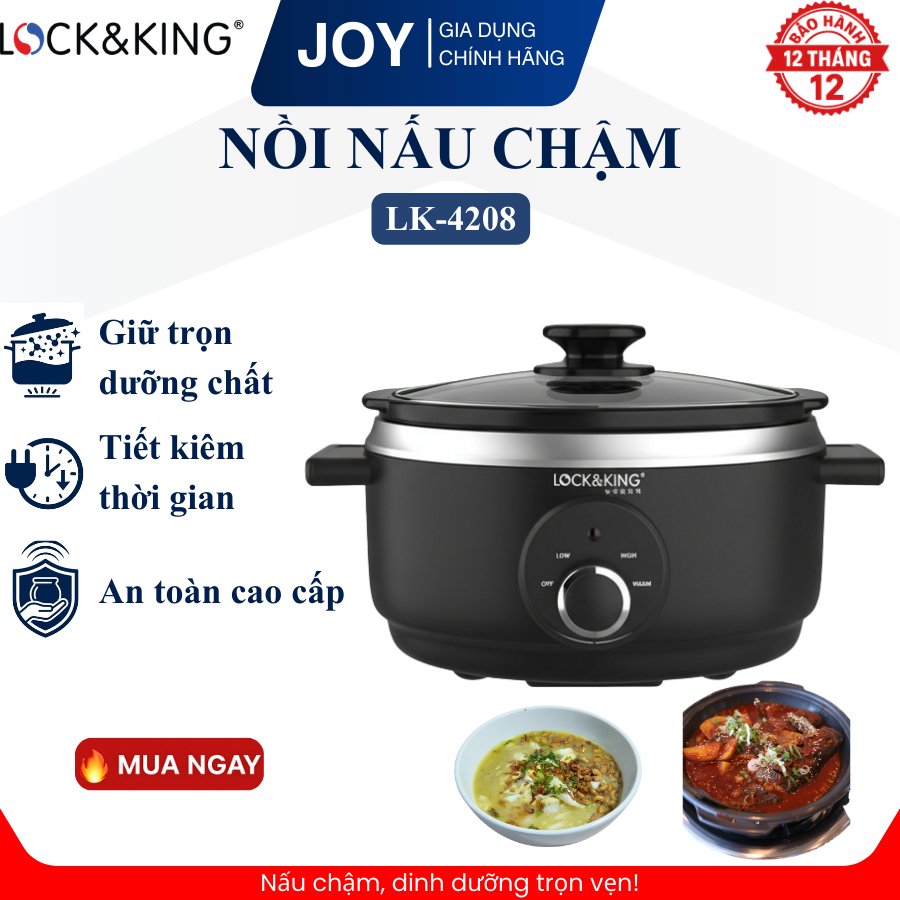 Nồi Nấu Chậm Lock&King LK-4208 170W Tiết Kiệm Điện - Lòng Gốm Ceramic An Toàn Nấu Ăn Cho Bé Hầm Thịt