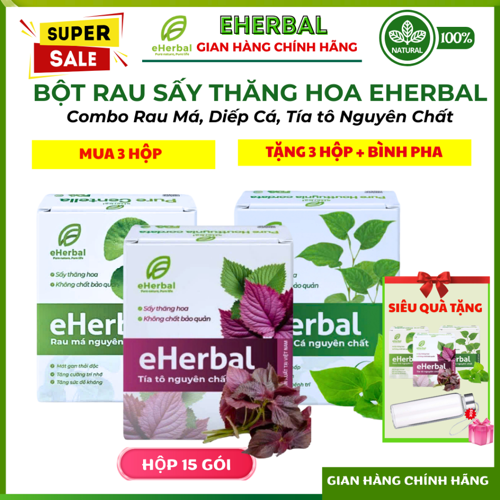 [DATE MỚI - KO ĐƯỜNG/ MẬT ONG] Detox Rau Má, Diếp Cá, Tía tô nguyên chất Eherbal Sấy Thăng Hoa