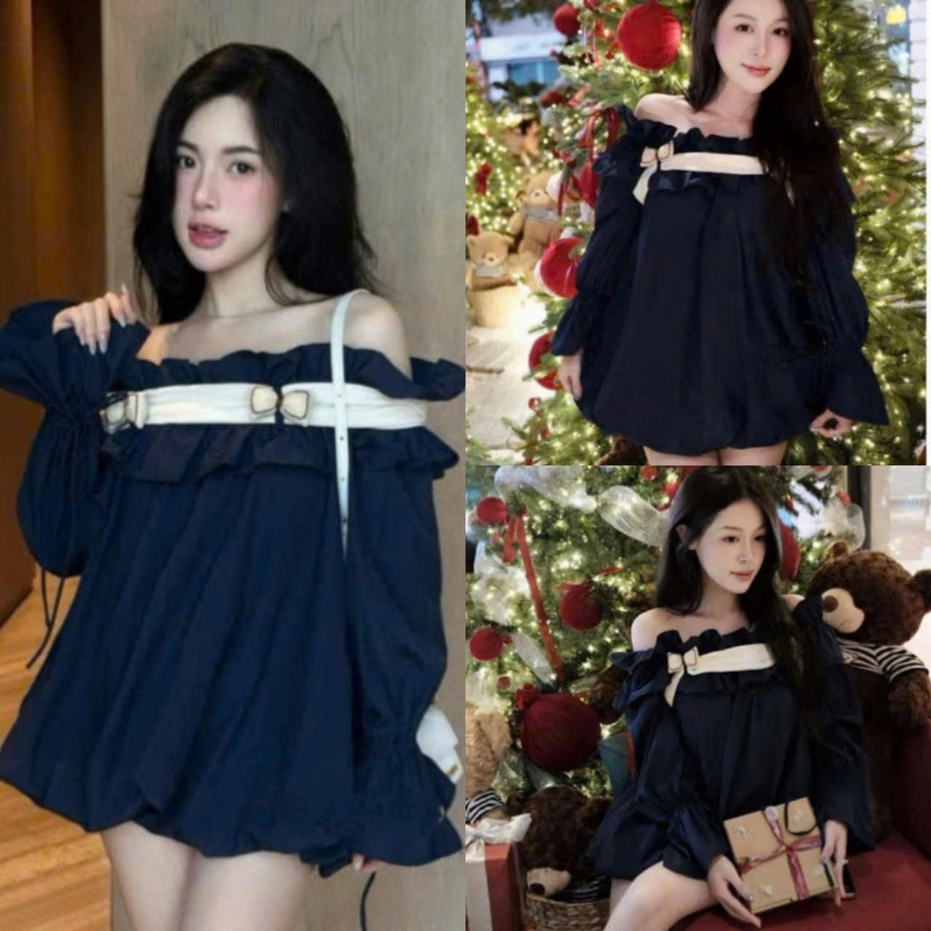 (Hàng Shop): Váy Trễ Vai Tay Loe Bo Gấu Mix Nơ Kem Nổi Bật Tone Màu Xanh Navy Cực Hot Sáng Da-Ảnh Th