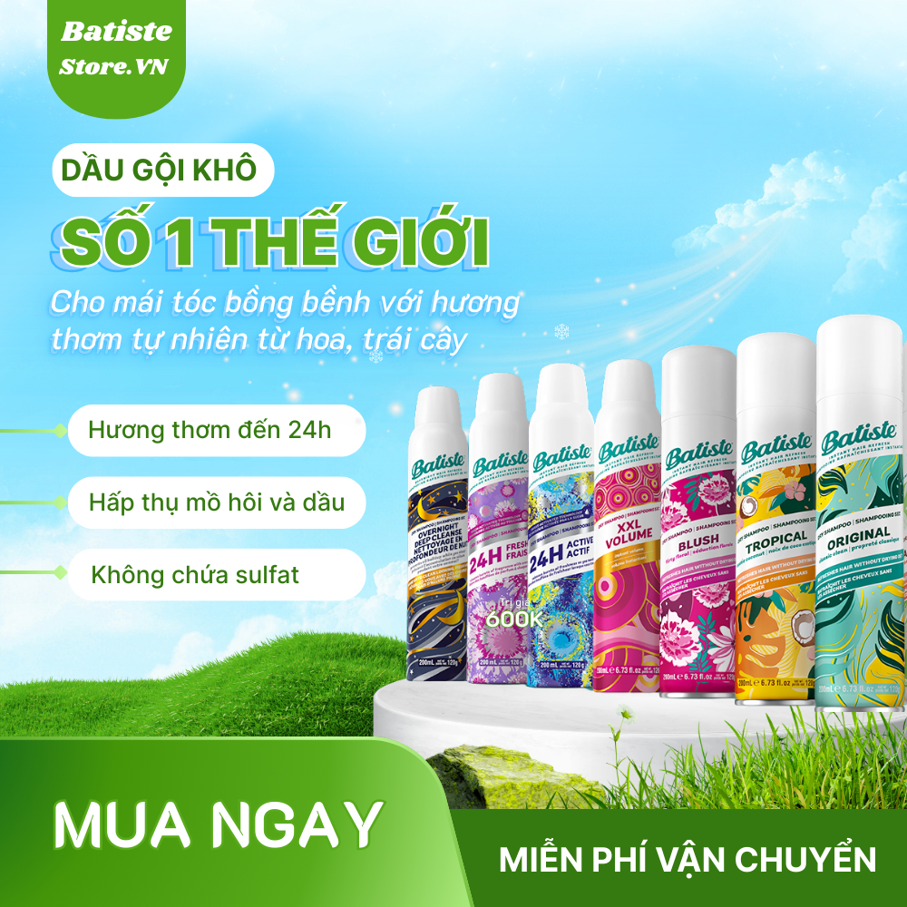 Dầu Gội Khô Batiste Dry Shampoo Mini 50ml, Full 200ml Hết Ngứa, Hết Bết Dính Tóc Bồng Bềnh Bóng Mượt