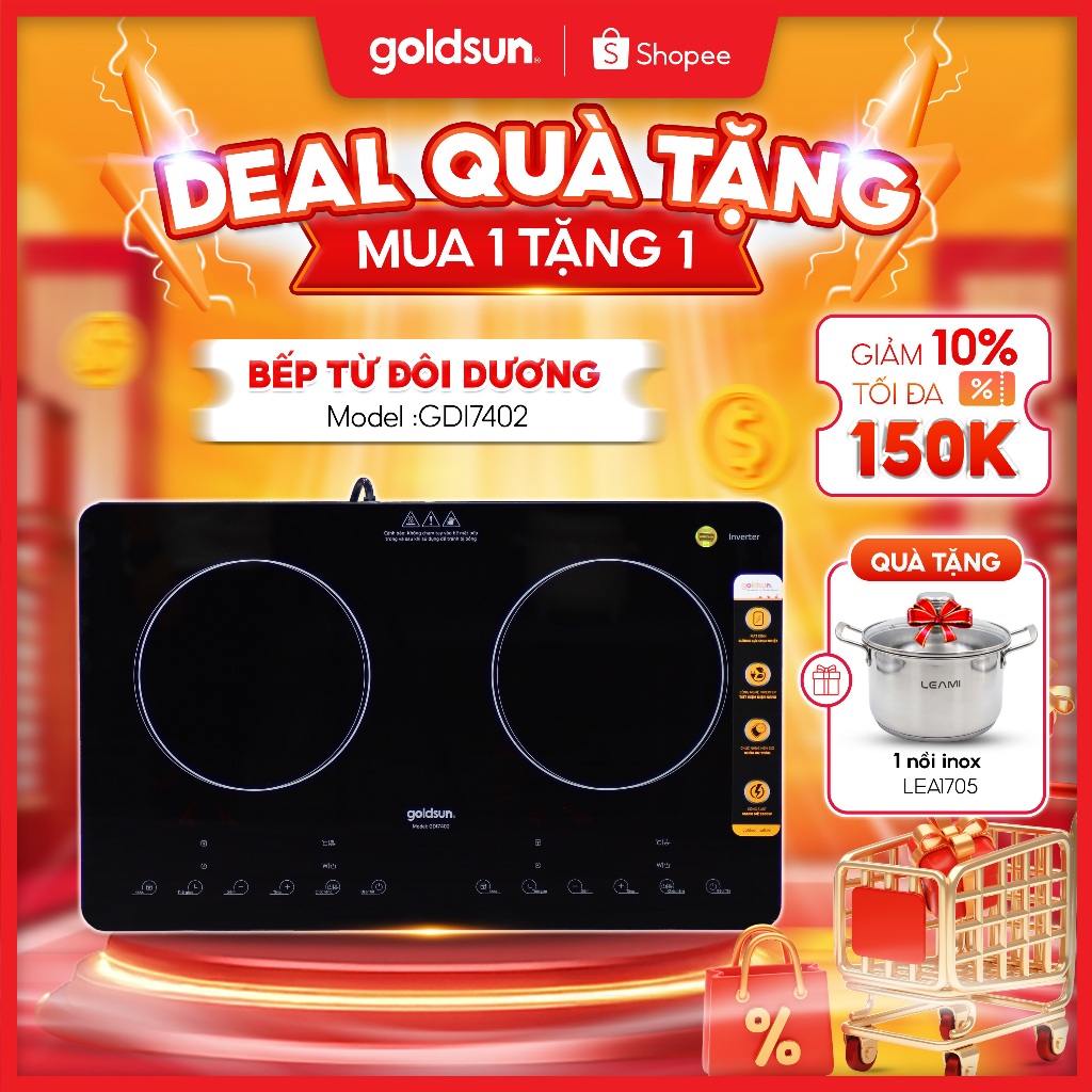 Bếp Từ Đôi Dương Goldsun Chất Liệu Mặt Kính Chịu Lực Có Màn Hình Led Nhạy Cảm Ứng Thông Minh GDI7402