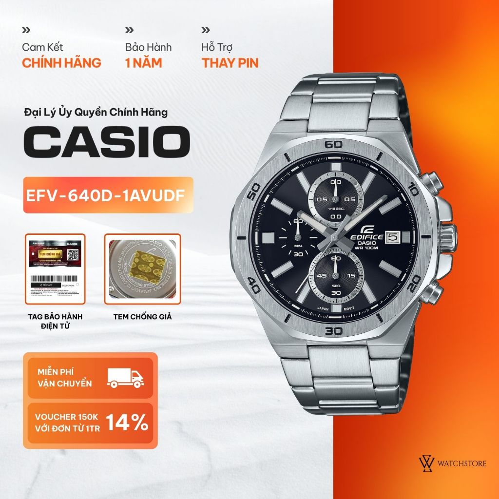 Đồng Hồ Casio EFV-640D-1AVUDF 6 Kim Màu Đen Mặt Kính Khoáng 44mm Chống Nước Dây Đeo Kim Loại Không G