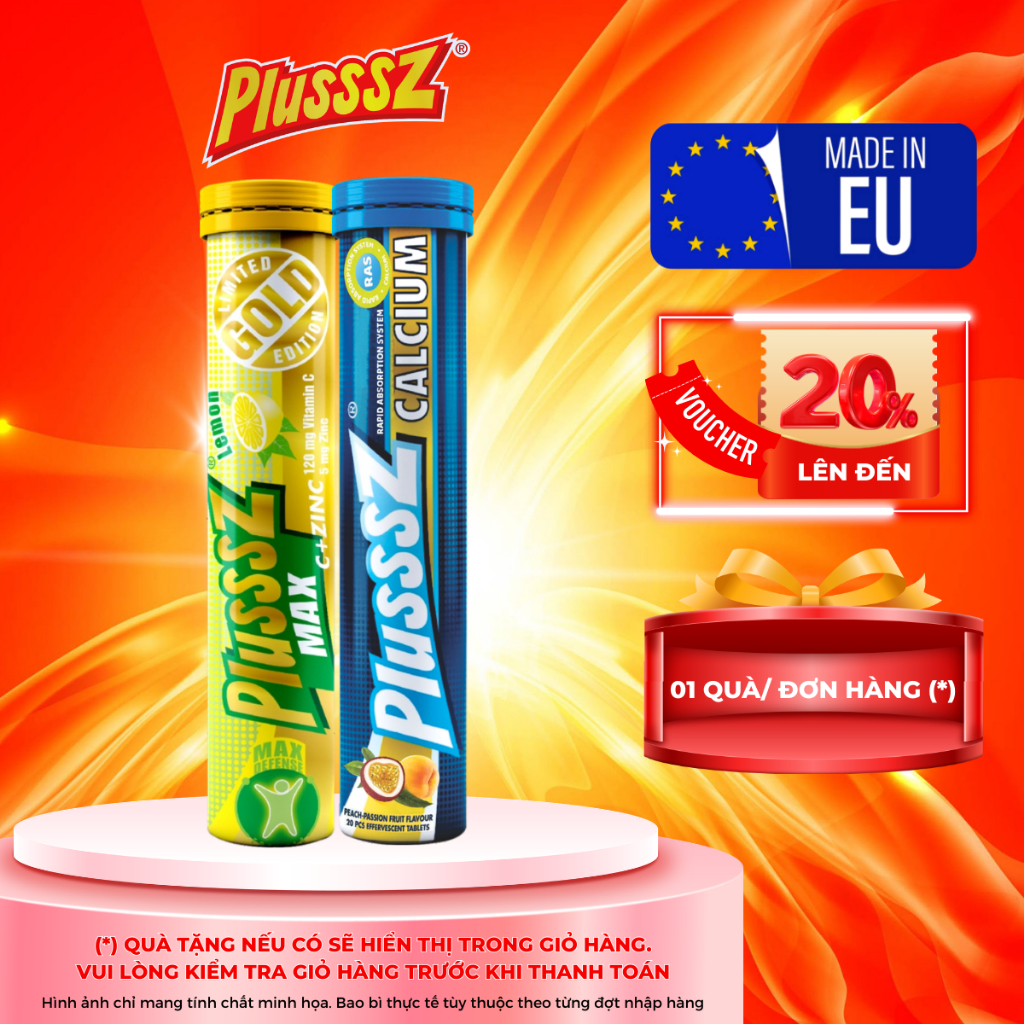 [COMBO 2 TUÝP x 20 VIÊN] Viên sủi Plusssz Max Vitamin C & ZinC + Plusssz Calcium