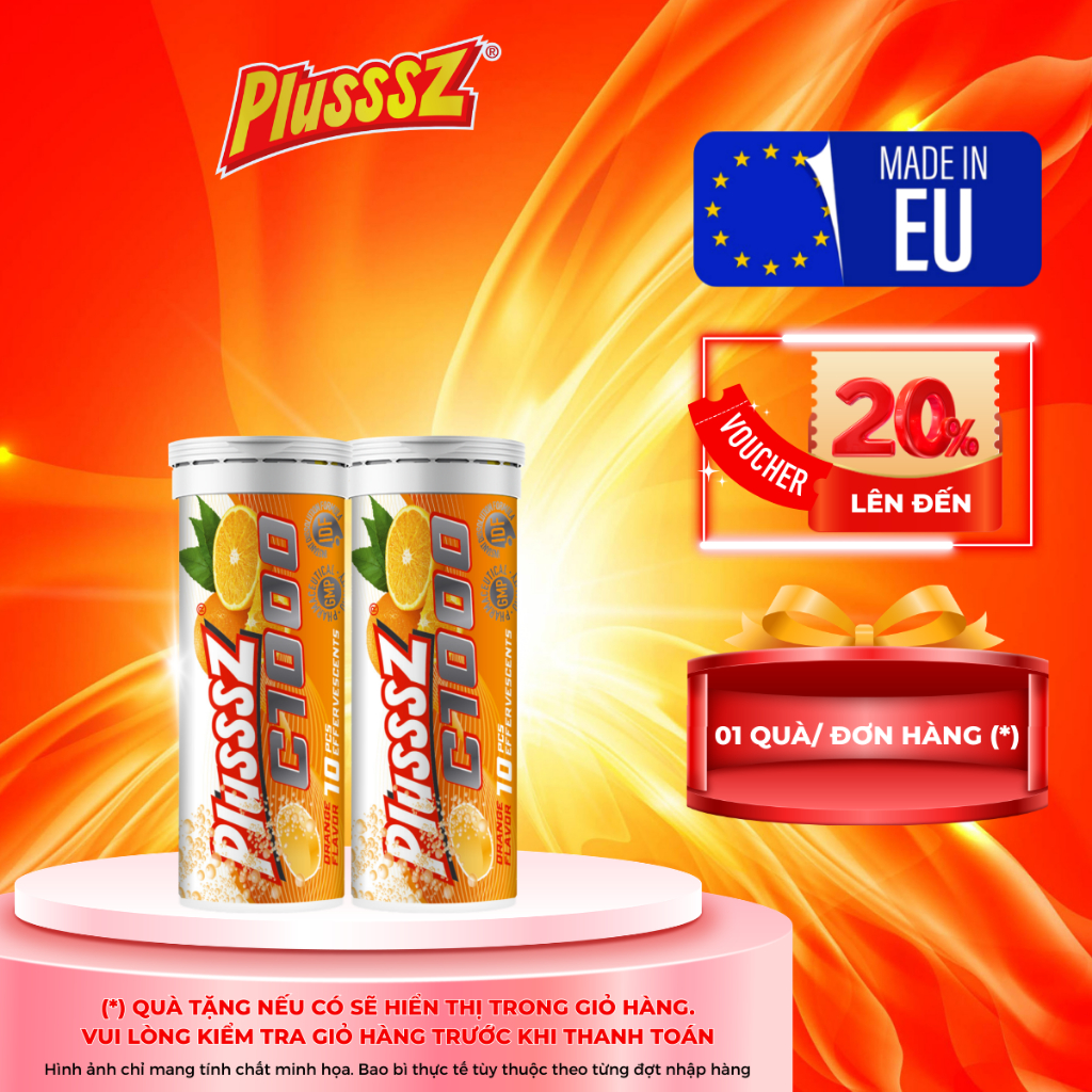 {COMBO 2 TUÝP X10 viên sủi 4g} PLUSSSZ C1000 vị cam không đường - Nhập khẩu chính hãng