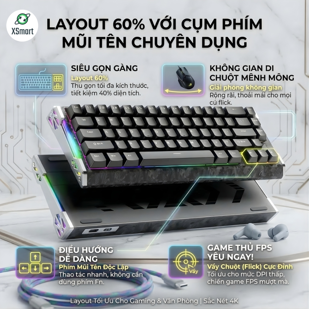 Bàn Phím Gaming Attack Shark R68 HE Công Nghệ Rapid Trigger Vỏ Forged Carbon 8000Hz Layout 60% | BigBuy360 - bigbuy360.vn