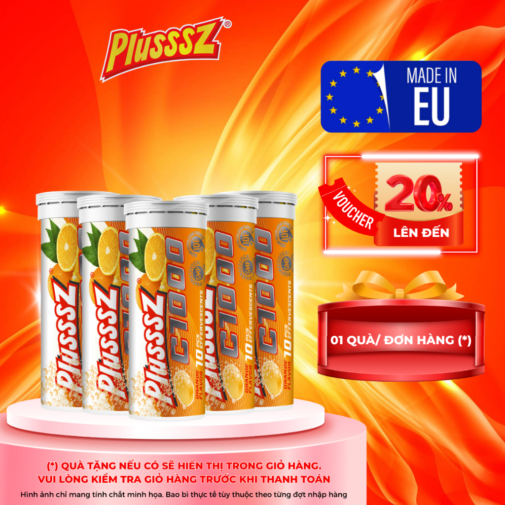 {COMBO 5 TUÝP X10 viên sủi 4g} PLUSSSZ C1000 vị cam không đường - Nhập khẩu chính hãng
