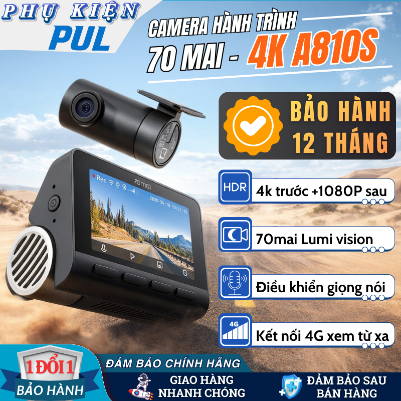 Camera Hành Trình Ô Tô 70mai A810SE 4K HDR, GPS, ADAS, Wifi 6, Camera Trước 4K Sau 1080P