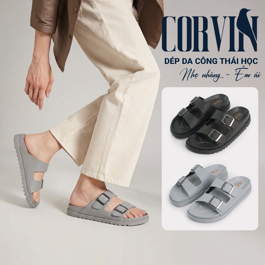 Dép Da Nam Công Thái Học CORVIN DRIFT và  BLADE Quai Ngang 2 Khóa – Da Cao Cấp, Êm Chân, Chống Trơn 