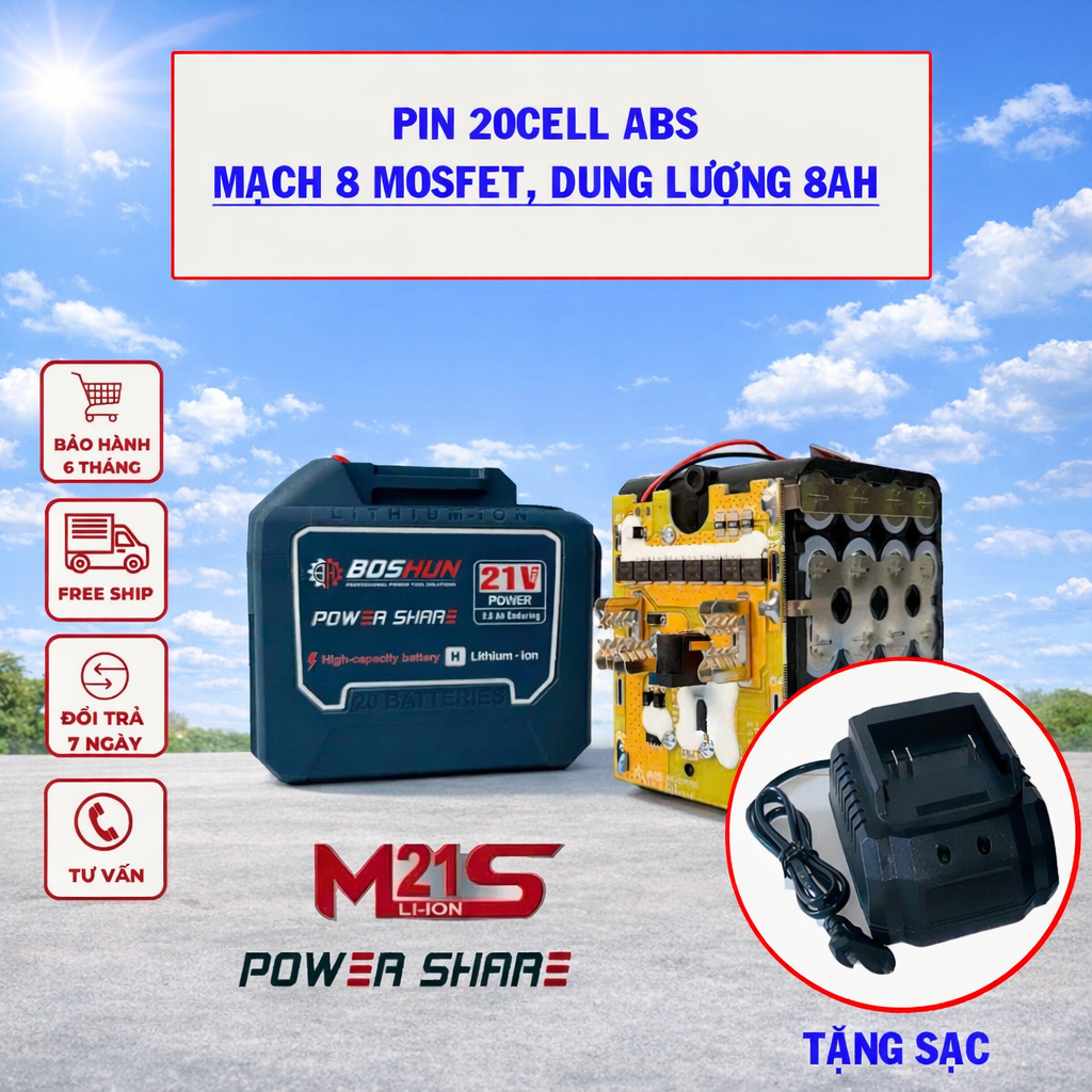 COMBO Phụ Kiện Máy Khoan, Máy Siết Bulong, Pin BOSHUN 15-20cells Dung Lượng Lớn, Mạch Chống Cháy