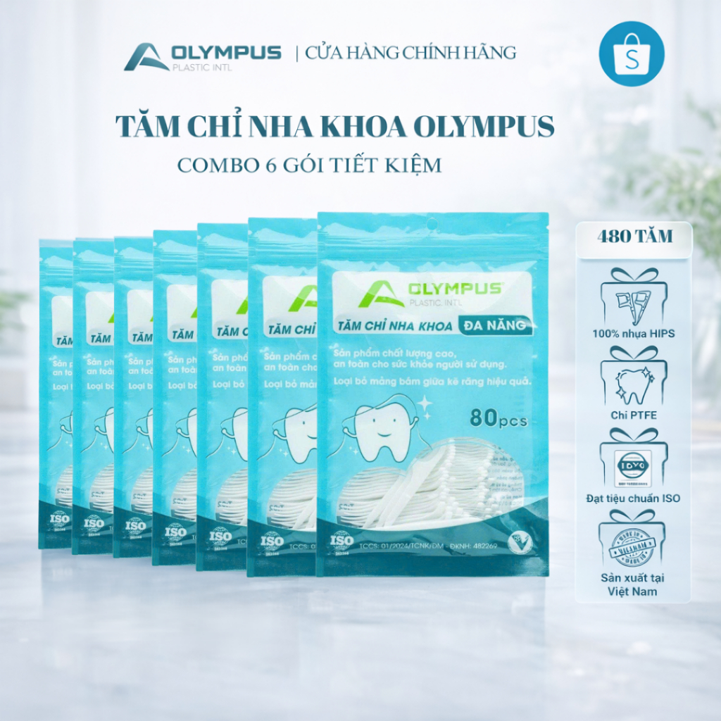 Tăm Chỉ Nha Khoa OLYMPUS 6 Gói 480 Tăm Chỉ PTFE Cán Nhựa HIPS Dẻo Dai Làm Sạch Kẽ Răng