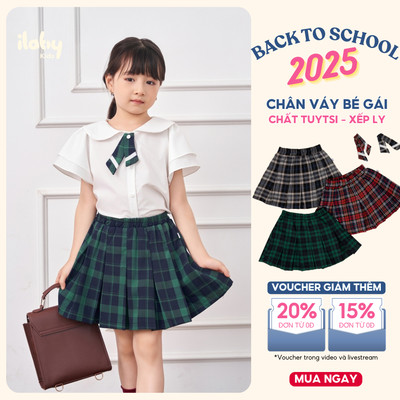 Chân váy kẻ đi học bé gái ILABY xếp ly chất liệu thô kẻ kèm nơ có lót quần cho bé 10-35kg [1896]