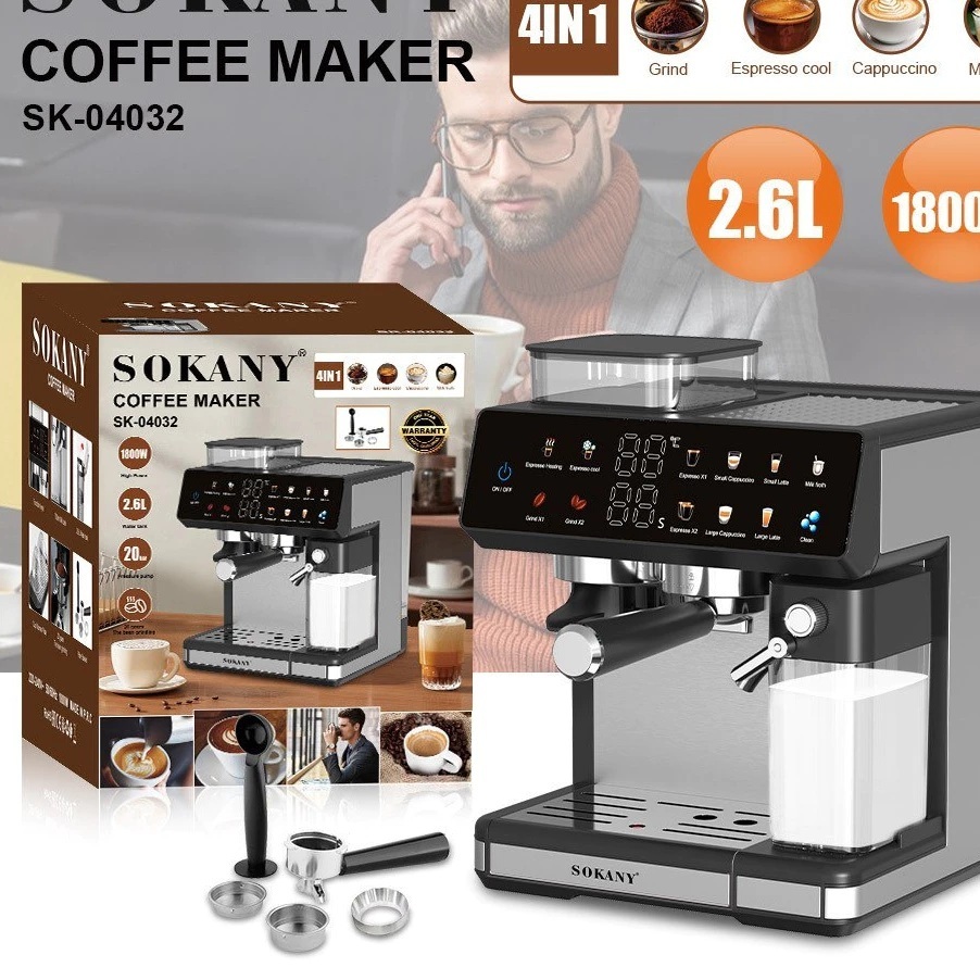 Máy Pha Cafe, Xay Hạt, Đánh Sữa, Capuchino, Latte Tại Nhà, Xay Cà Phê Tự Động SOKANY-15165 SK-04032.