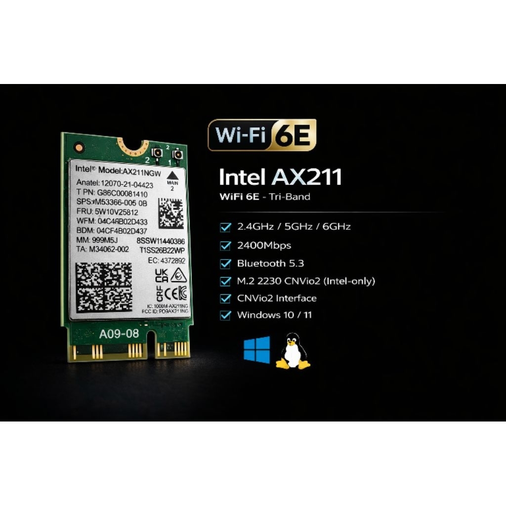 ( BH6 Tháng ) Intel AX211 WiFi 6E ( 2.4/5/6G 5378mbps) + Bluetooth 5.3 cho Pc ,Latop - Hàng Bóc Máy