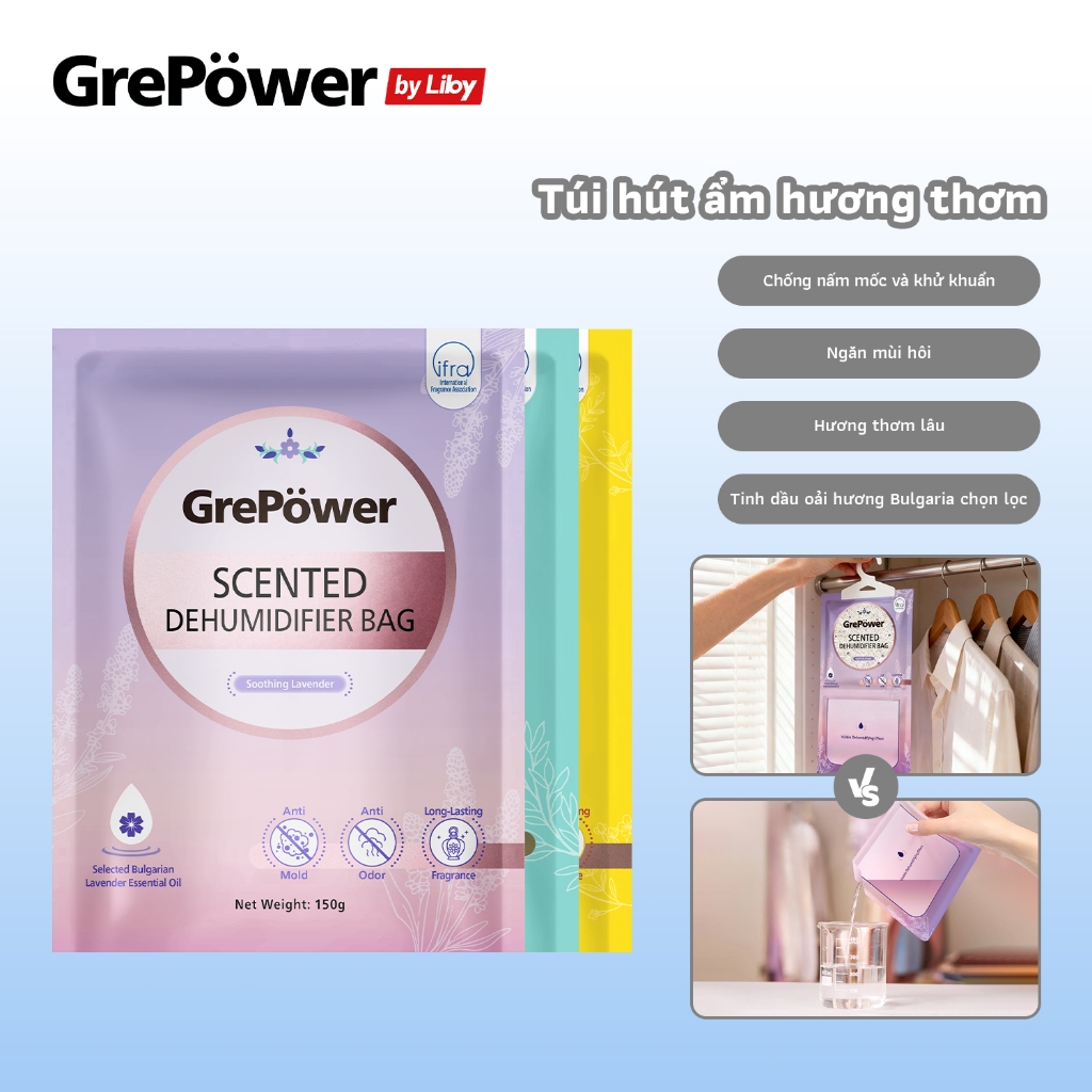 Túi hút ẩm hương thơm GrePower by Liby | Hút ẩm hiệu quả Tạm biệt ẩm mốc Dùng cho tủ quần áo / tủ giày