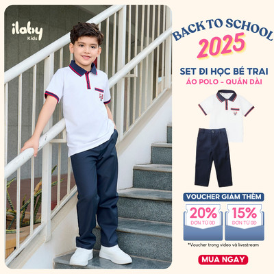 Set đồ bé trai đi học ILABY áo polo trắng phối viền đỏ xanh và quần dài form chuẩn [3090+2578]
