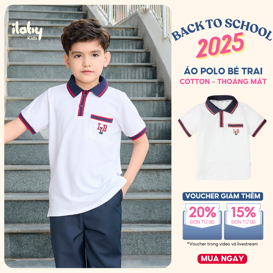 Áo polo bé trai ILABY trắng phối navy đỏ thiết kế thêu chữ cá tính [3090]