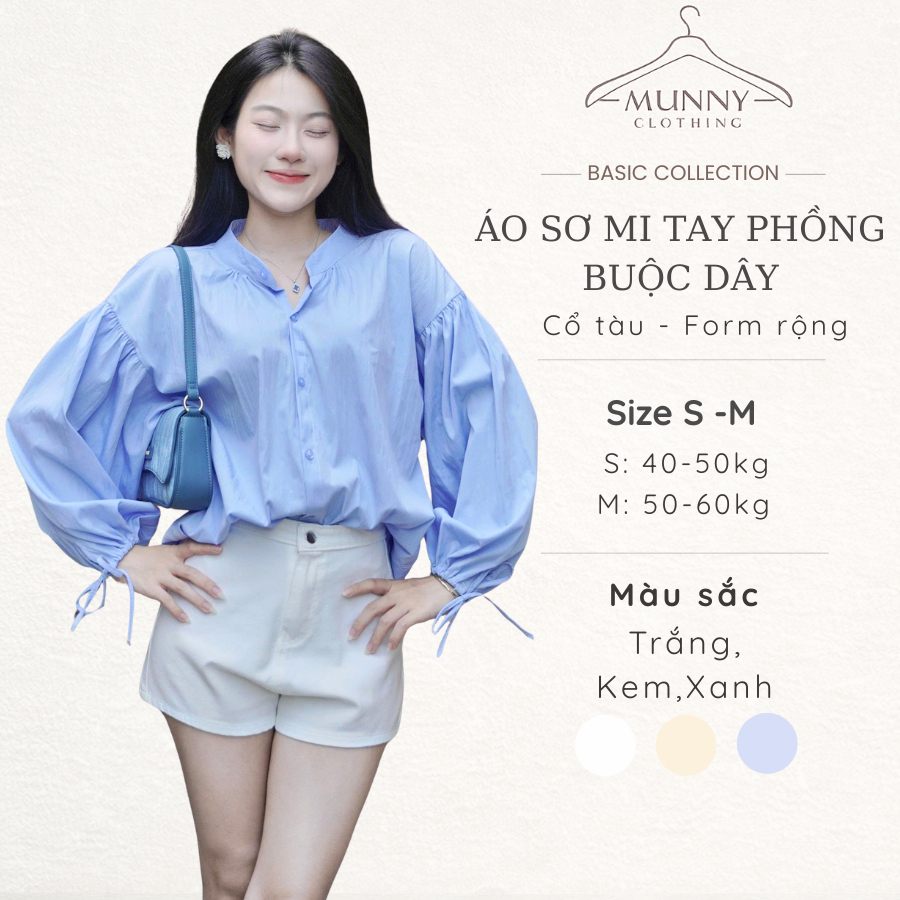Áo sơ mi nữ cổ tàu dáng rộng MUNNY CLOTHING Áo gió nữ tay phồng thắt dây 514