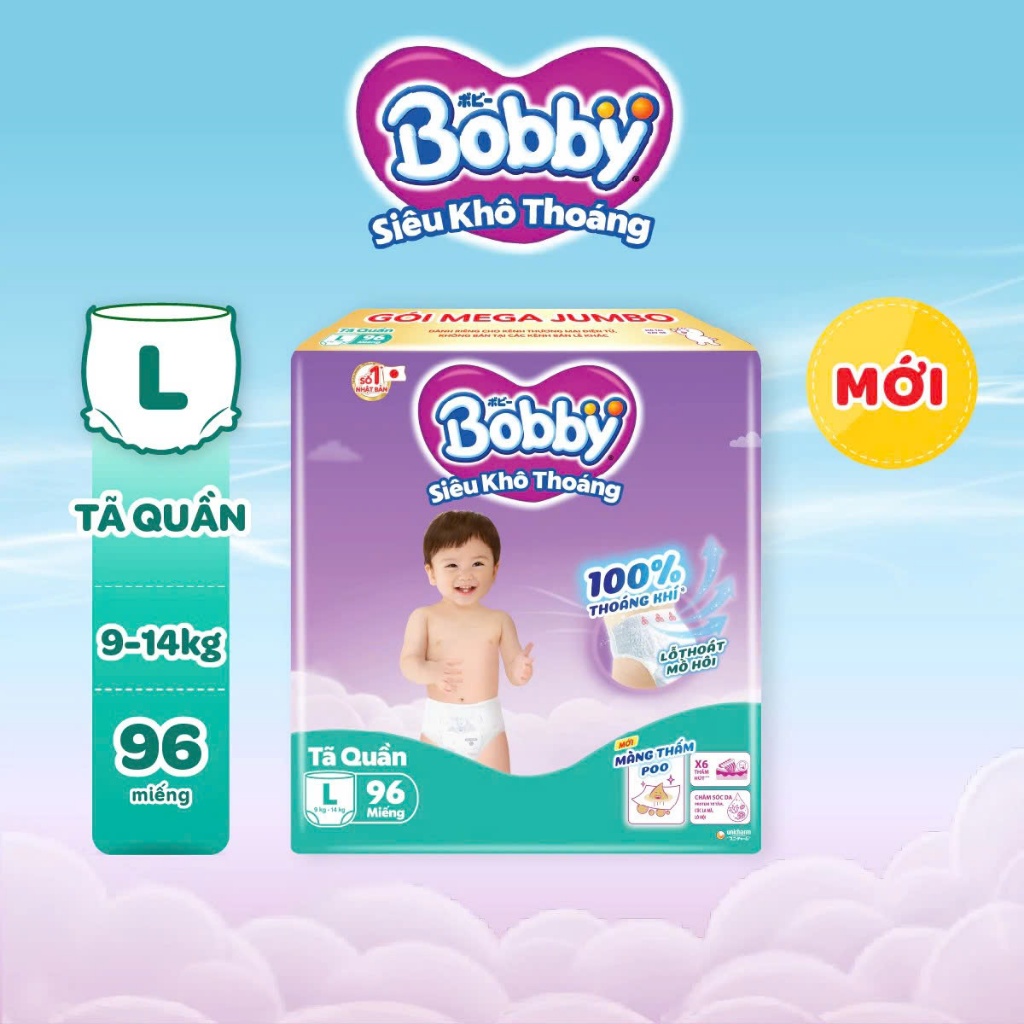 Tả quần Bobby Mega Jumbo đủ size L96 miếng, tả quần bobby mẫu mới lõi nén thần kỳ