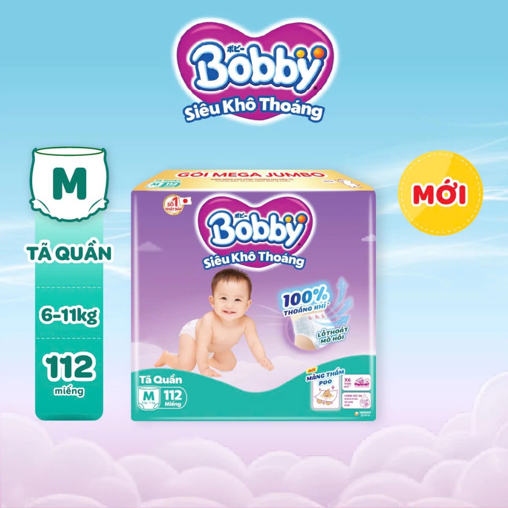 Tả quần Bobby Mega Jumbo đủ size M112 miếng, tả quần bobby mẫu mới lõi nén thần kỳ