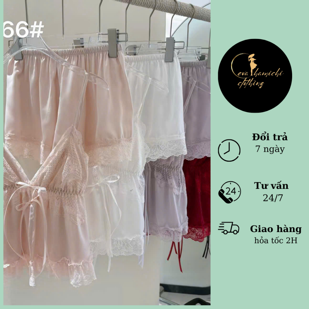 Set đồ ngủ 2 dây lụa satin  phối ren Eva hamichi