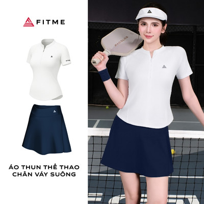 Bộ đồ tập tennis pickleball nữ Fitme SOFT áo thun trắng tôn dáng, chân váy thoáng khí kèm quần bảo hộ