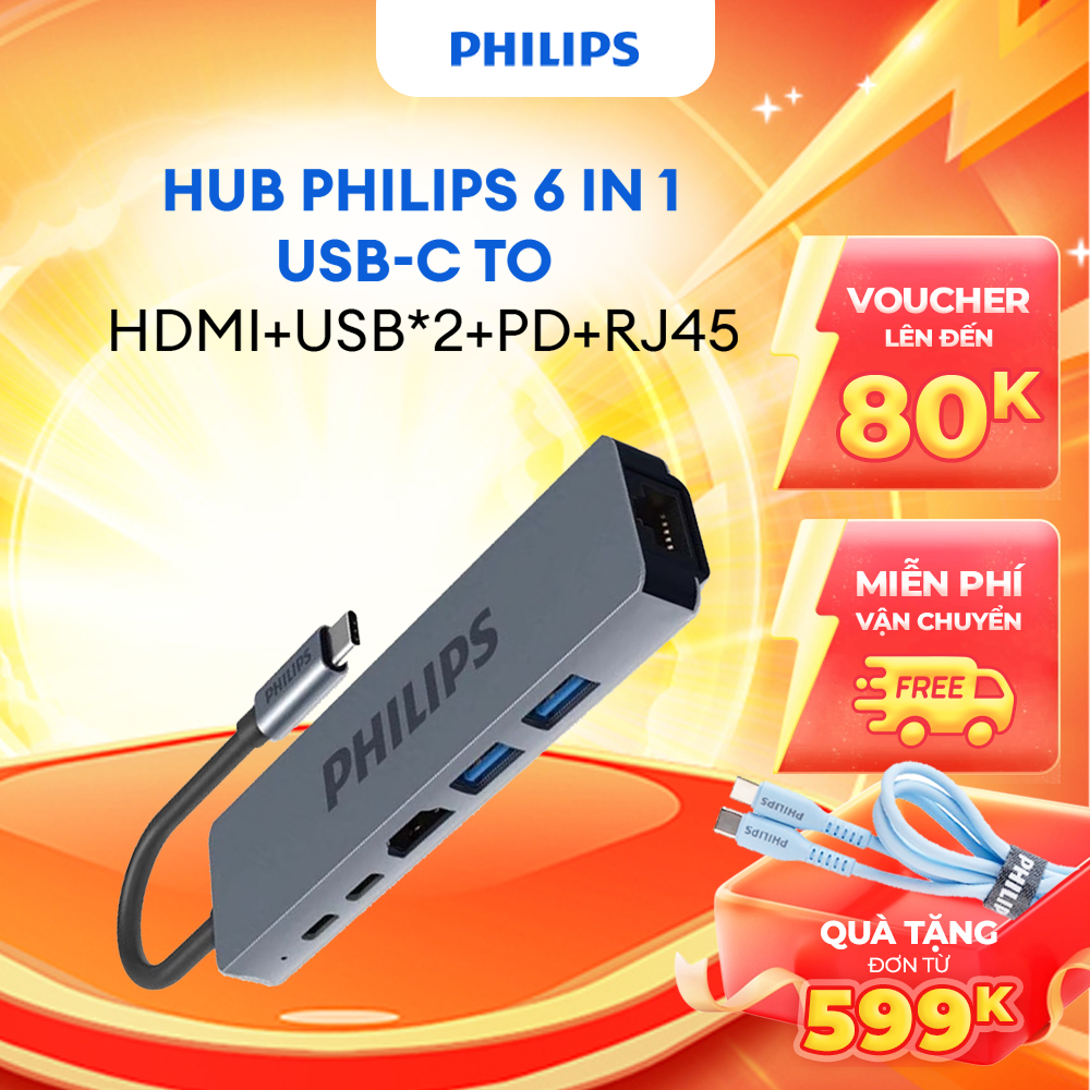 Hub chuyển đổi Philips SWV6116G 6 in 1 USB C to HDMI+USB*2+PD+RJ45