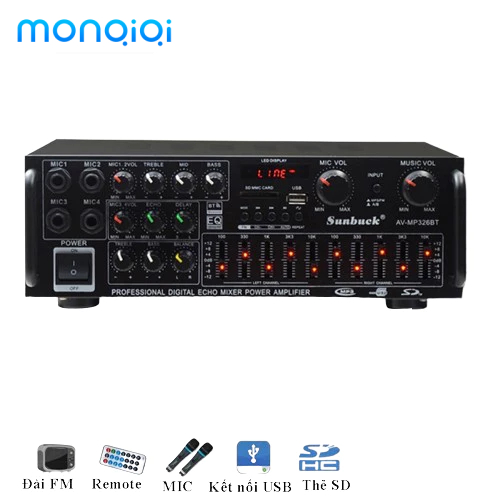 Amly karaoke Sunbuck 326BT hàng chuẩn (cổng 12v, 220v, có bluetooth)-Amly âm ly karaoke