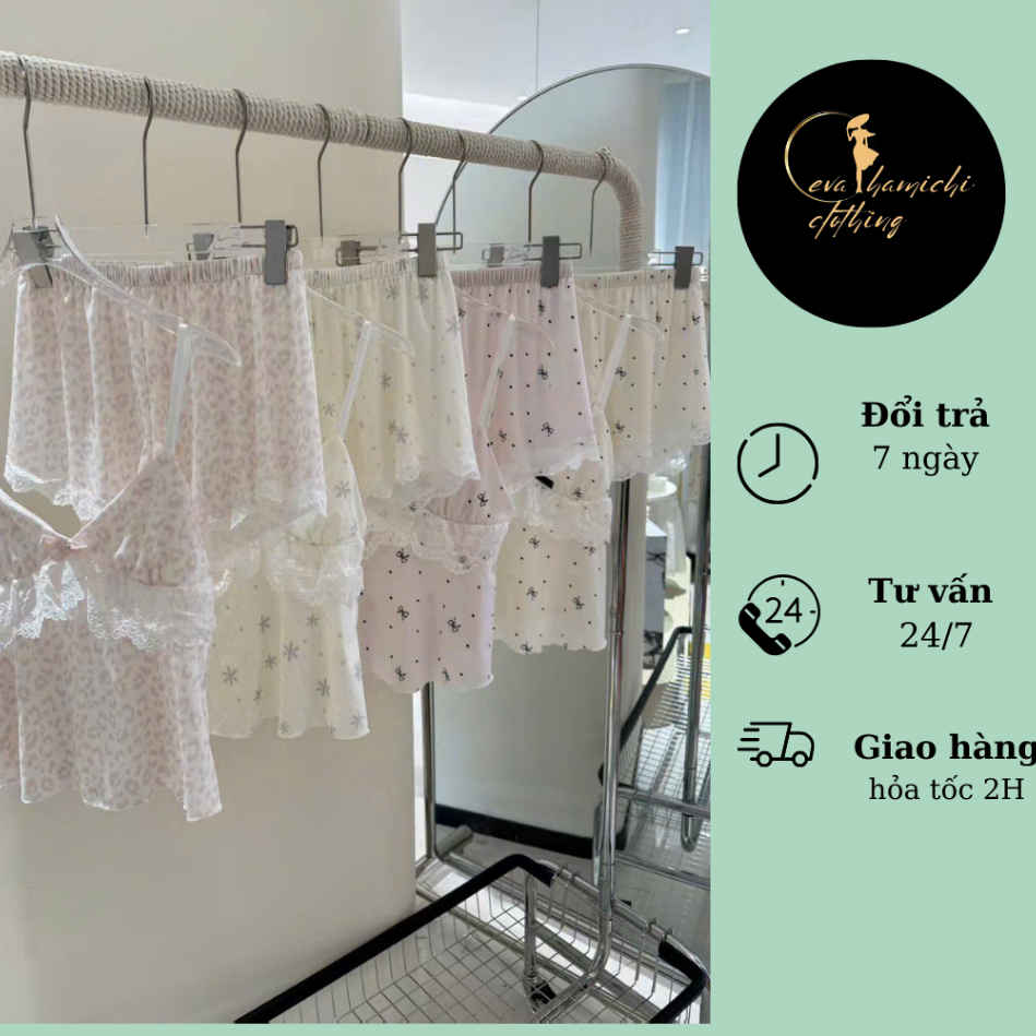 Bộ đồ ngủ 2 dây  phối  viền ren phối nơ EVa hamichi